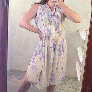 Rebecca Taylor Hawaiian Dress with Beaded Collar Cream Silk Purple Sleeveless 10